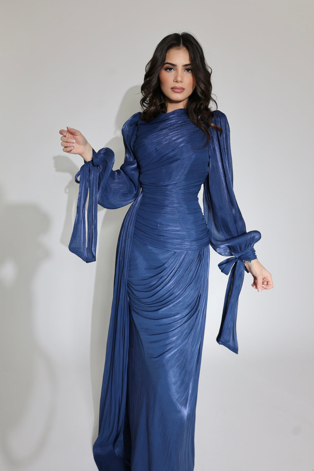 catherines formal dresses Catherine Yellow Asymmetrical Pleated Long-Sleeve Maxi Dress side front Prom Dresses Catherines Evening Gowns