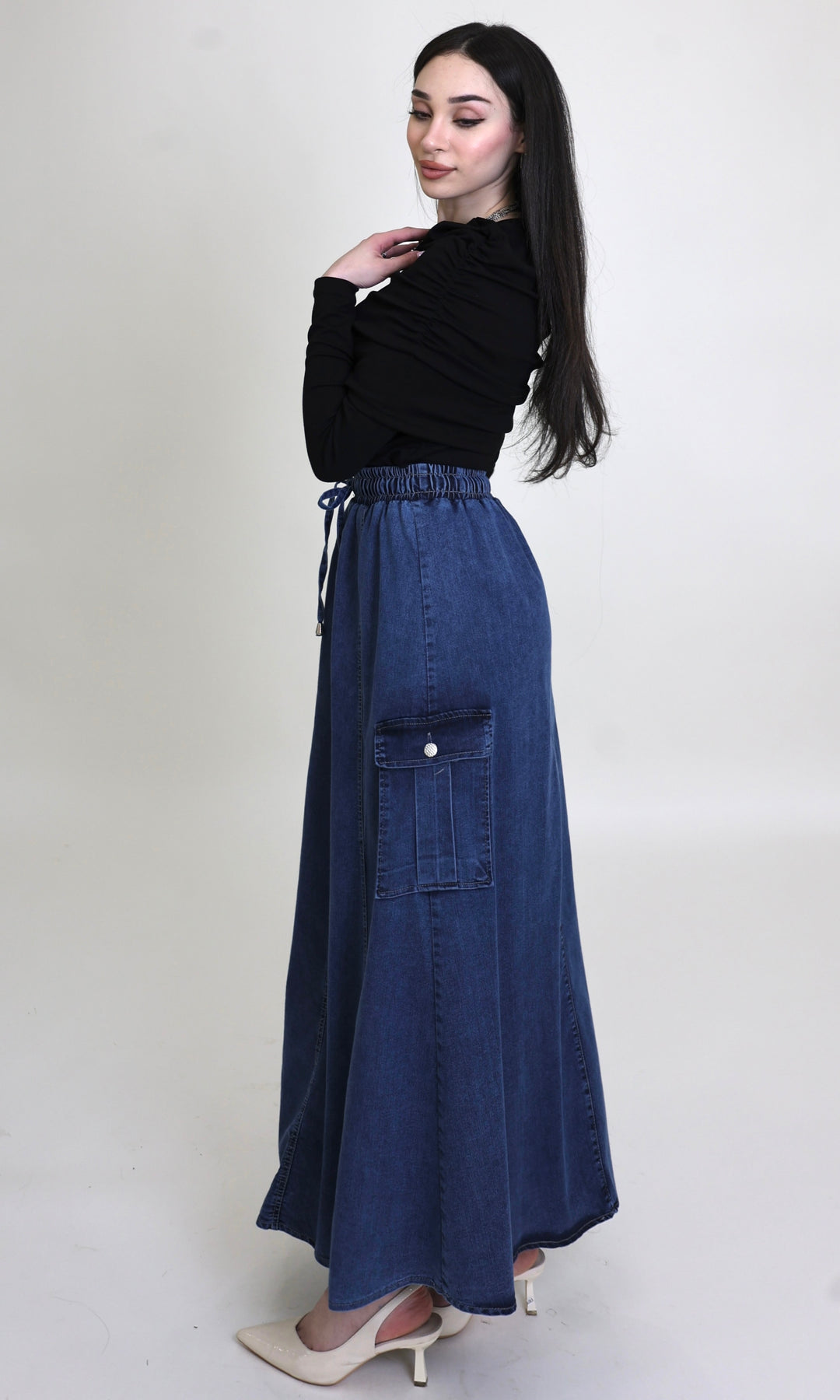 Denim Cargo Maxi Skirt